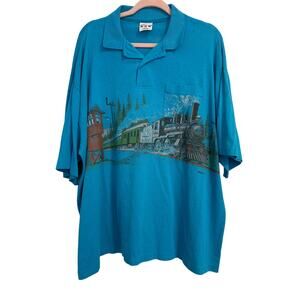 [Vintage] Turquoise Single Stitch Train Wraparound Collared Shirt - Size XXXL